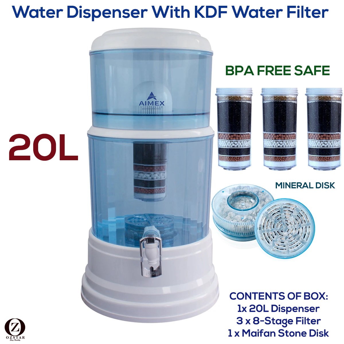 Aimex 8 Stage Water Filter Dispenser 20L Maifan Stone with 3 Filters - Image 2